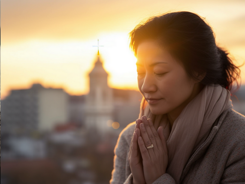 A woman prays at sunset.